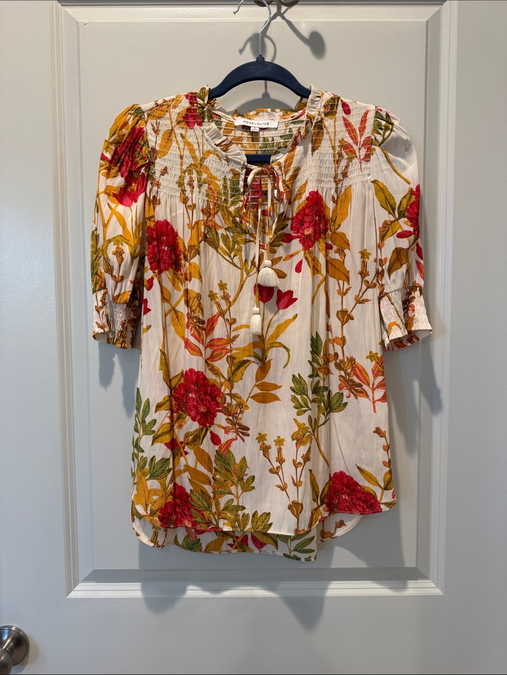 Rose & Olive Ivory Peasant Blouse with Red & Mustard Floral Print